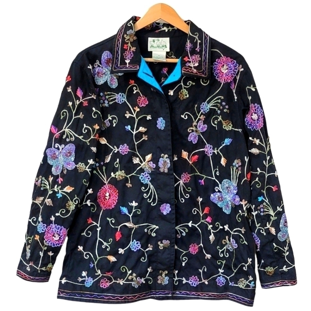 Vintage The Quacker Factory Intricately Beaded Button Front Top Size S Butterfly
